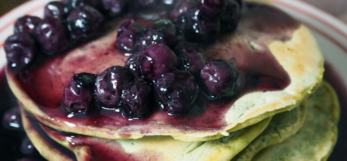 blueberry super matcha pancakes