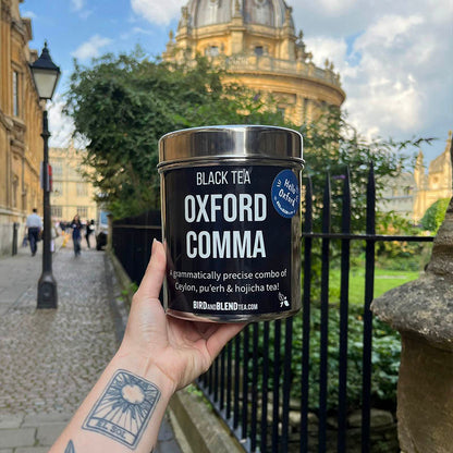 oxford comma tea tin